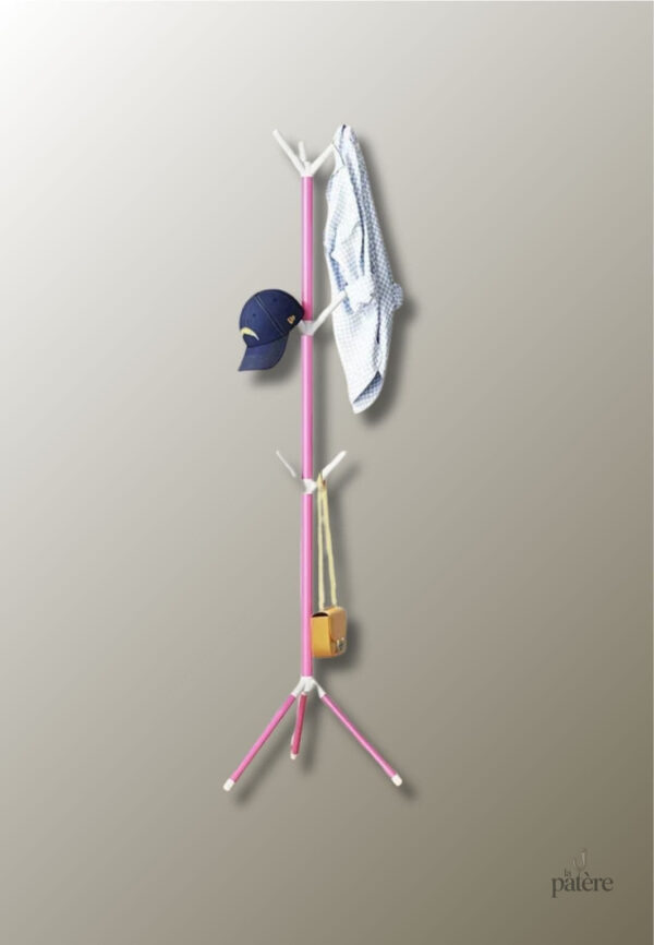 Porte manteau design sur pied, couleur rose et blanche