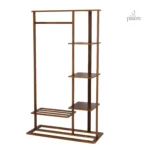 Porte manteau en bois foncé avec étagères pratiques