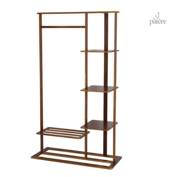 Porte manteau en bois foncé avec étagères pratiques