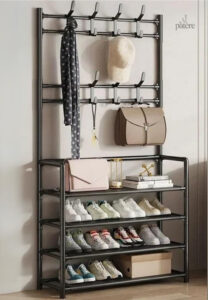 Meuble porte-manteau noir avec 4 étagères et espace chaussures