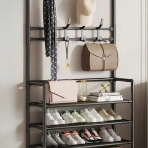 Meuble porte-manteau noir avec 4 étagères et espace chaussures