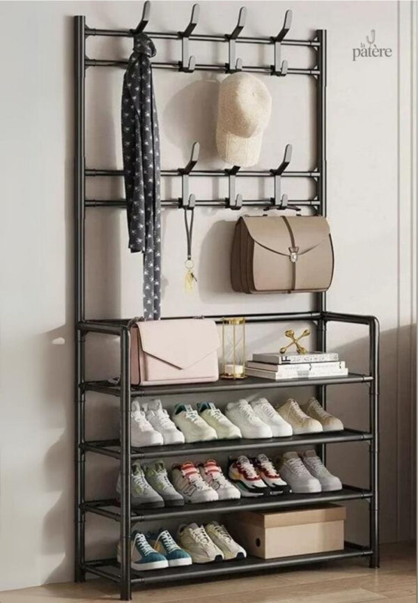 4-5-layers-clothes-hanger-multi-ayer-shoe-rack-hat-hanger-k78bff-1 Meuble porte-manteau noir avec 4 étagères et espace chaussures