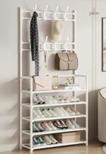 Meuble porte-manteau blanc avec 5 étagères pour chaussures