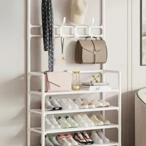 Meuble porte-manteau blanc avec 5 étagères pour chaussures