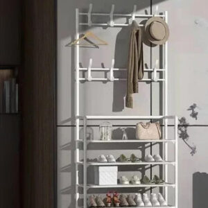 Chaise porte-manteau blanc avec rangement pour chaussures et vestes