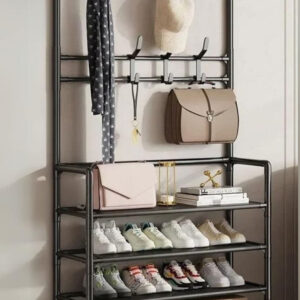 Meuble porte-manteau chaussure noir avec 4 étagères pleines