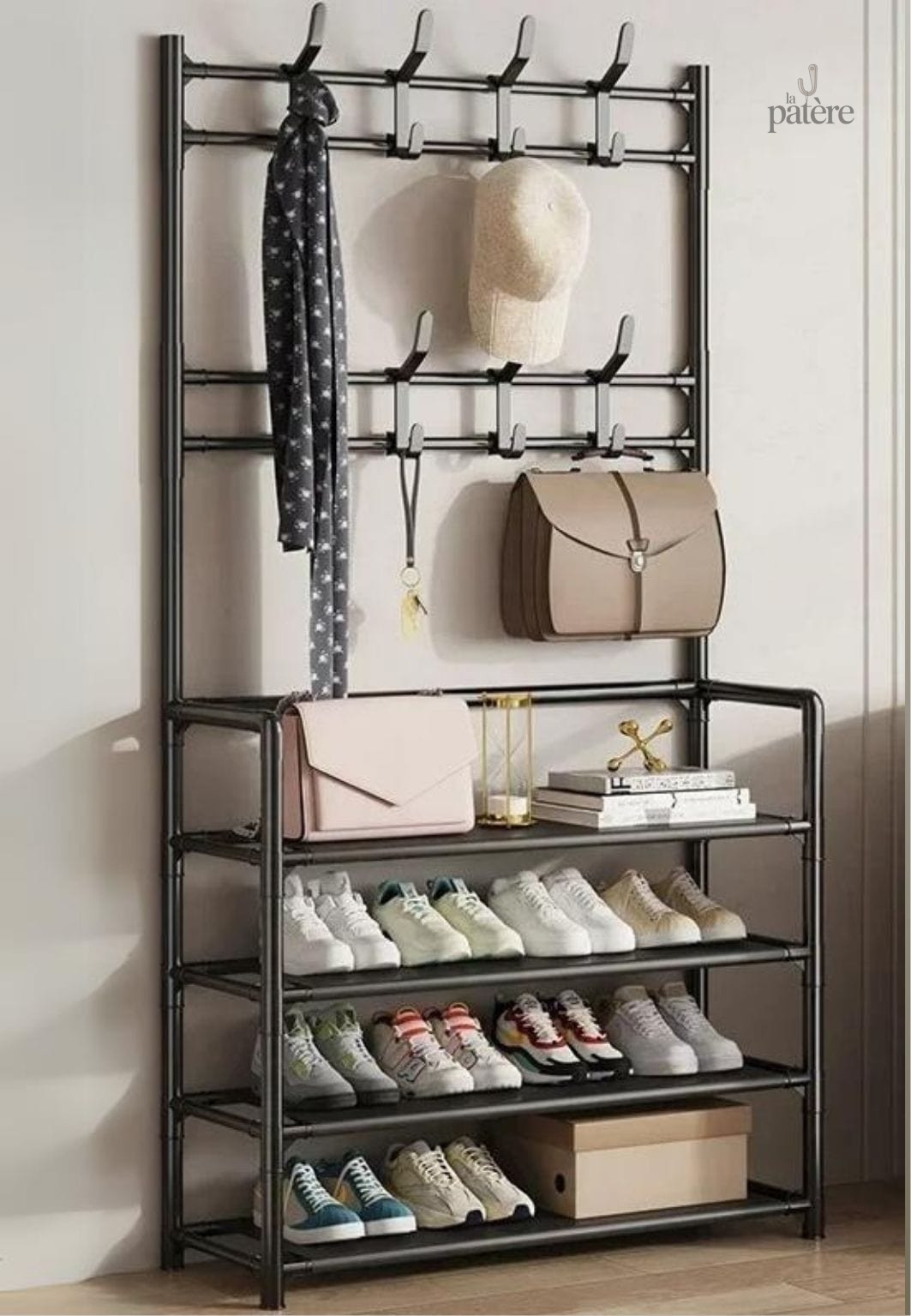Meuble porte-manteau chaussure noir avec 4 étagères pleines