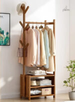 Meuble porte manteau et chaussures en bois foncé ouvert 50cm