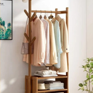 Meuble porte manteau et chaussures en bois foncé ouvert 50cm