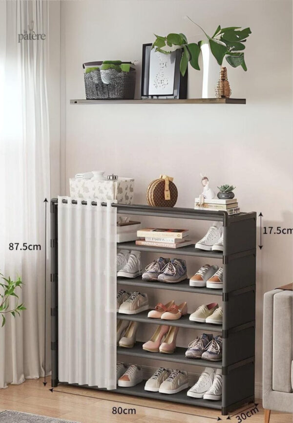Meuble porte-manteau et chaussures large avec rideaux noir