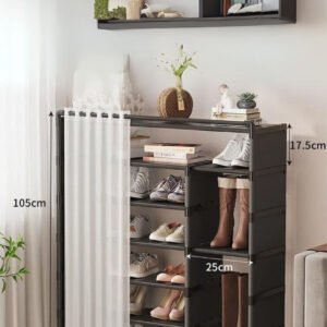 Meuble porte-manteau et chaussures noir avec cases et rideaux