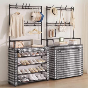 Porte-manteau avec rangement pour chaussures et cheminée