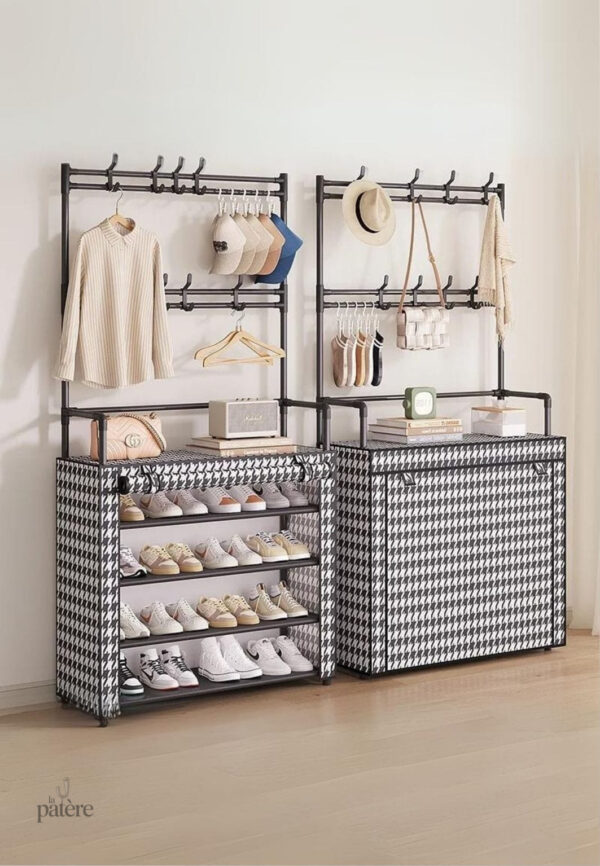 Porte-manteau avec rangement pour chaussures et cheminée