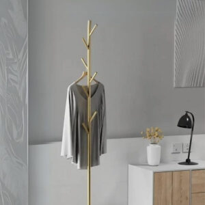 Porte manteau sur pied design arbre doré, base grise