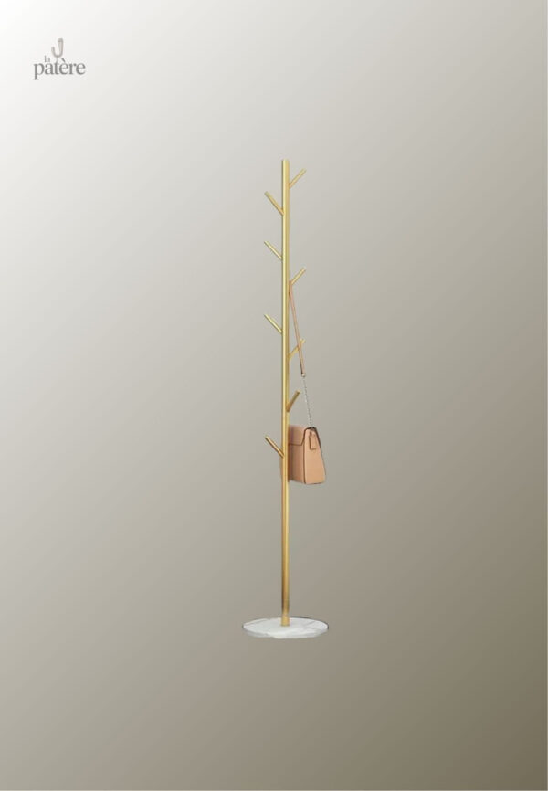 Porte manteau design arbre doré avec base blanche élégante