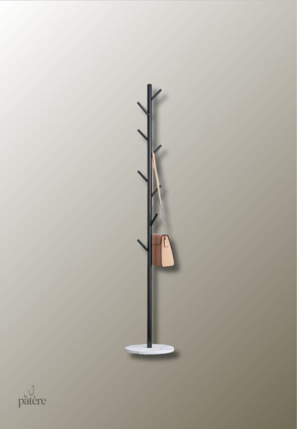 Porte manteau design noir, forme arbre, base blanche