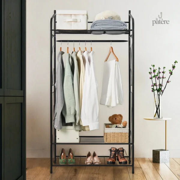 metal-clothes-hanging-rail-garment-shoe-rack-with-shelves-rigkoq-1 Meuble porte manteau noir simple et élégant