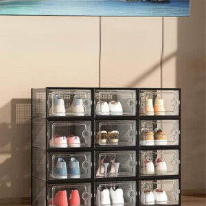 Meuble porte-manteau avec 12 boîtes noires pour chaussures