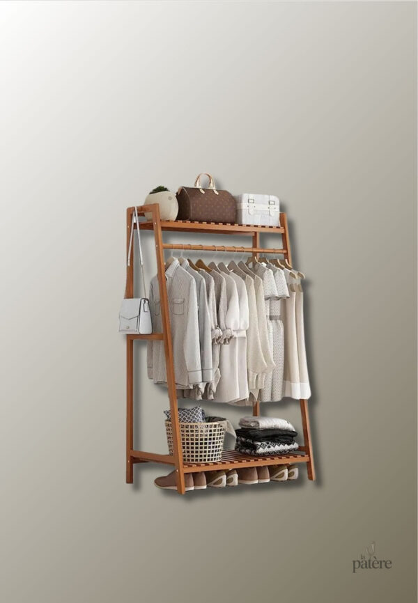 wooden-clothing-garment-rack-with-shelves-clothes-hanging-hnm25u-1 Meuble porte-manteau en bois Triangle pour chaussures