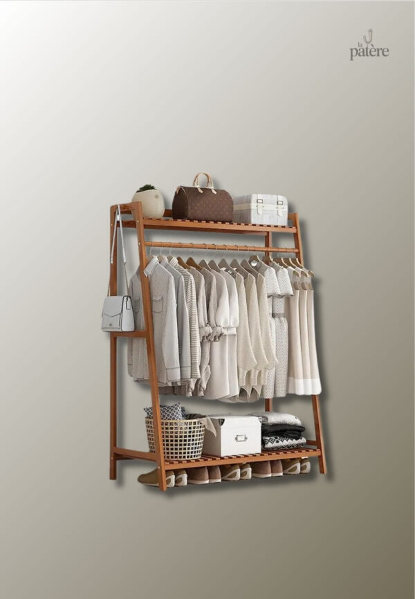 wooden-clothing-garment-rack-with-shelves-clothes-hanging-hnm25z-1 Meuble porte-manteau et chaussures en bois Triangle